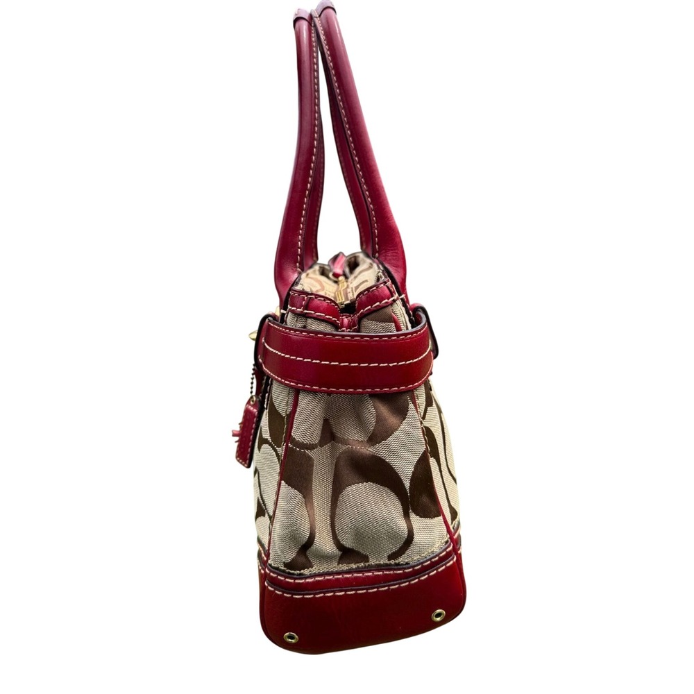 Coach Hampton Signature Khaki Red Leather Trim Satchel Handbag Gold Hardware Y2K - Picture 4 of 7